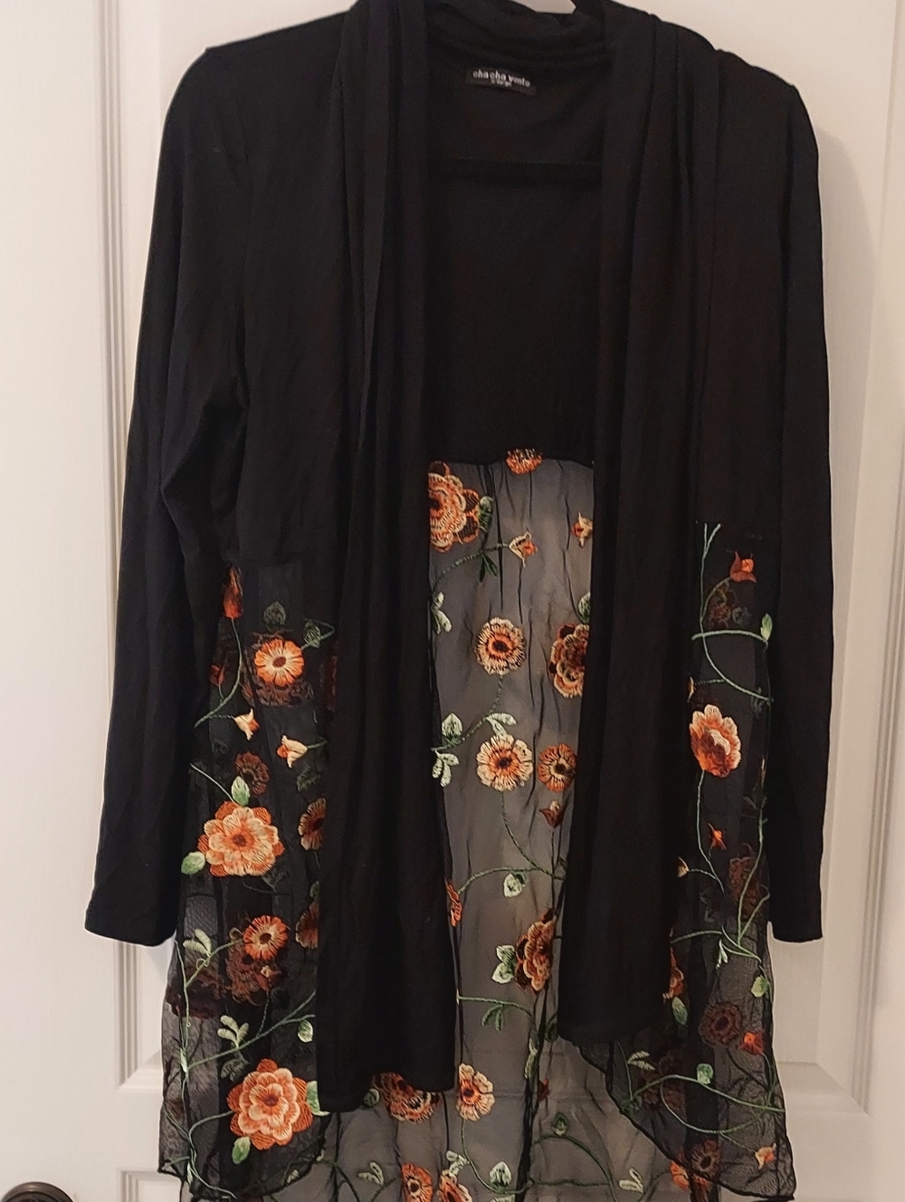 Cha Cha Vente Black Cardigan w Orange Floral Embroidery XL LADIES New! Gorgeous!